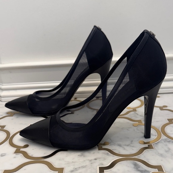 CHANEL Black Pointed Toe Mesh & Leather Pumps - Picture 4 of 11